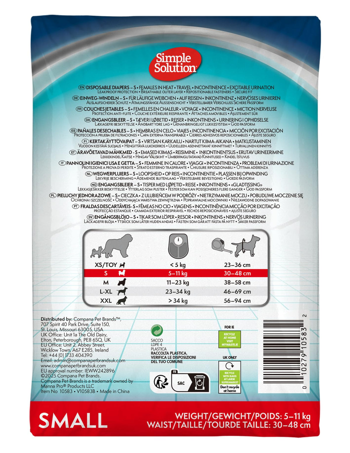 Simple Solution Disposable Dog Diapers for Female Dogs, Super Absorbent Leak-Proof Fit with Wetness Indicator for Excitable Urination, Incontinence or Females in Heat - 12 Pack