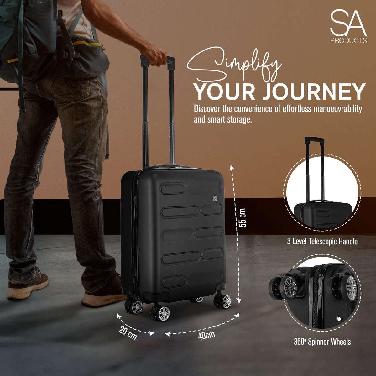 SA Products Cabin Suitcase - 34L Carry On Hard Shell Bag - 55x40x20 - Grey