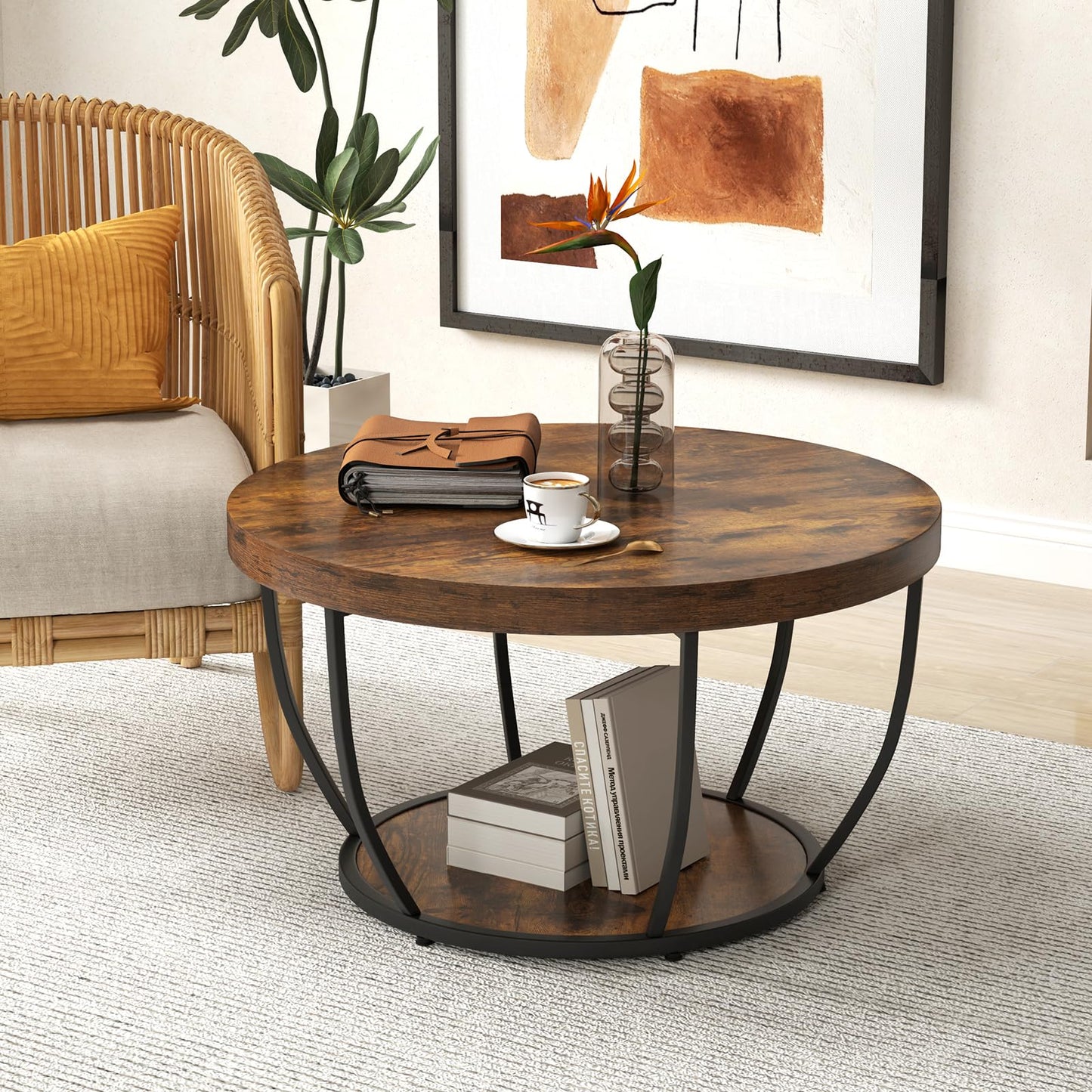 COSTWAY 2-Tier Round Coffee Table with Storage Shelf, Metal Frame Industrial Accent Cocktail Center Unit Sofa Side Tea Table for Living Room, Bedroom and Office, 80x80x45cm (Rustic Brown+Black)
