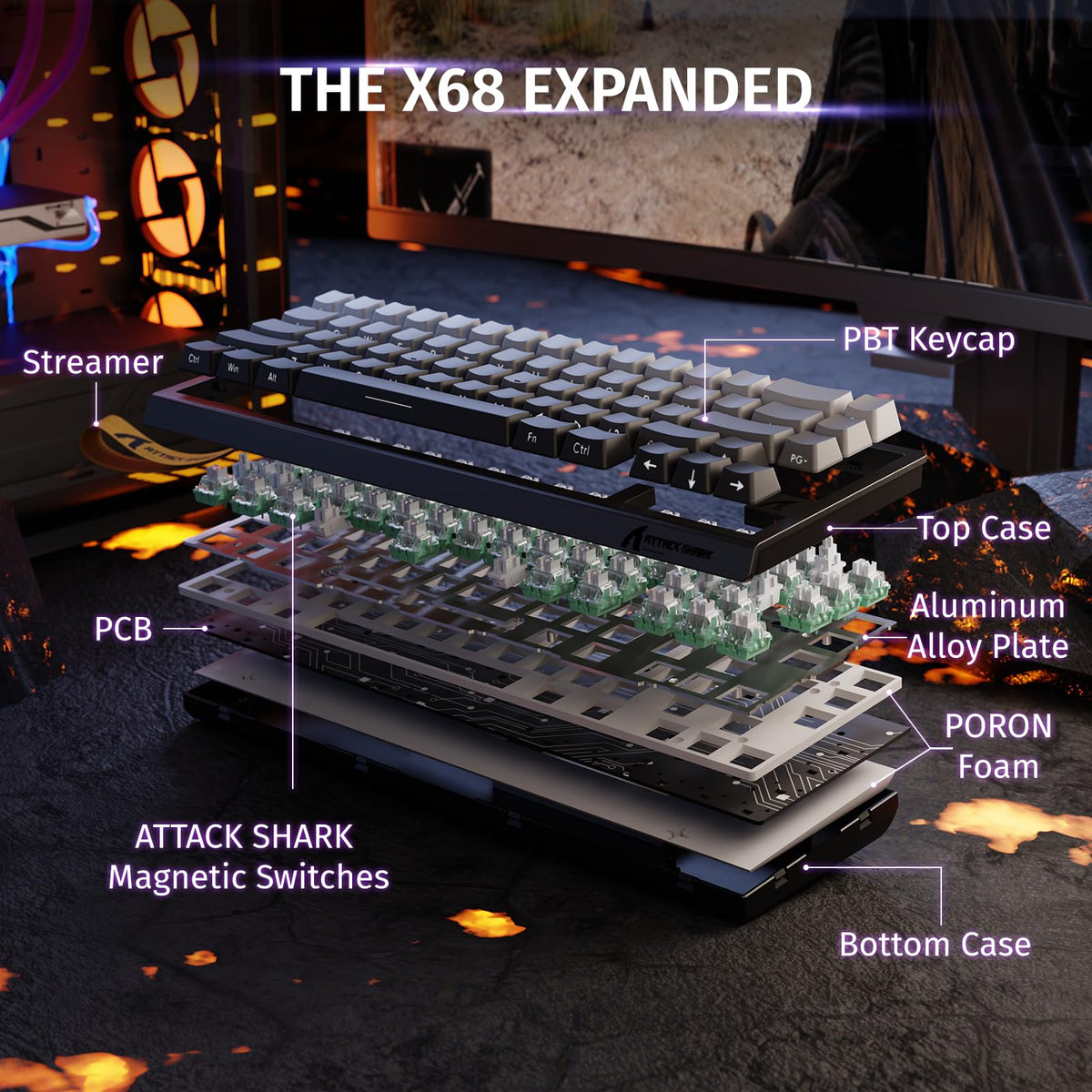 ATTACK SHARK X68 HE 8000Hz Rapid Trigger Keyboard, 0.01mm RT Accuracy Wired Gaming Keyboard with Magnetic Switch, Adjustable Actuation, Rapid Trigger, Snap Tap, RGB Lighting for PC/Mac, Black