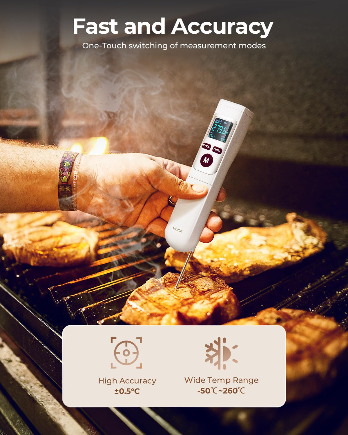 ERICKHILL Infrared Thermometer -50℃~550℃ With -50~260℃ Meat Thermometer, Non-Contact Laser Thermometer Gun LCD Backlit Digital Display Adjustable Emissivity - for Vehicle Repair/Cooking/BBQ/Freezer