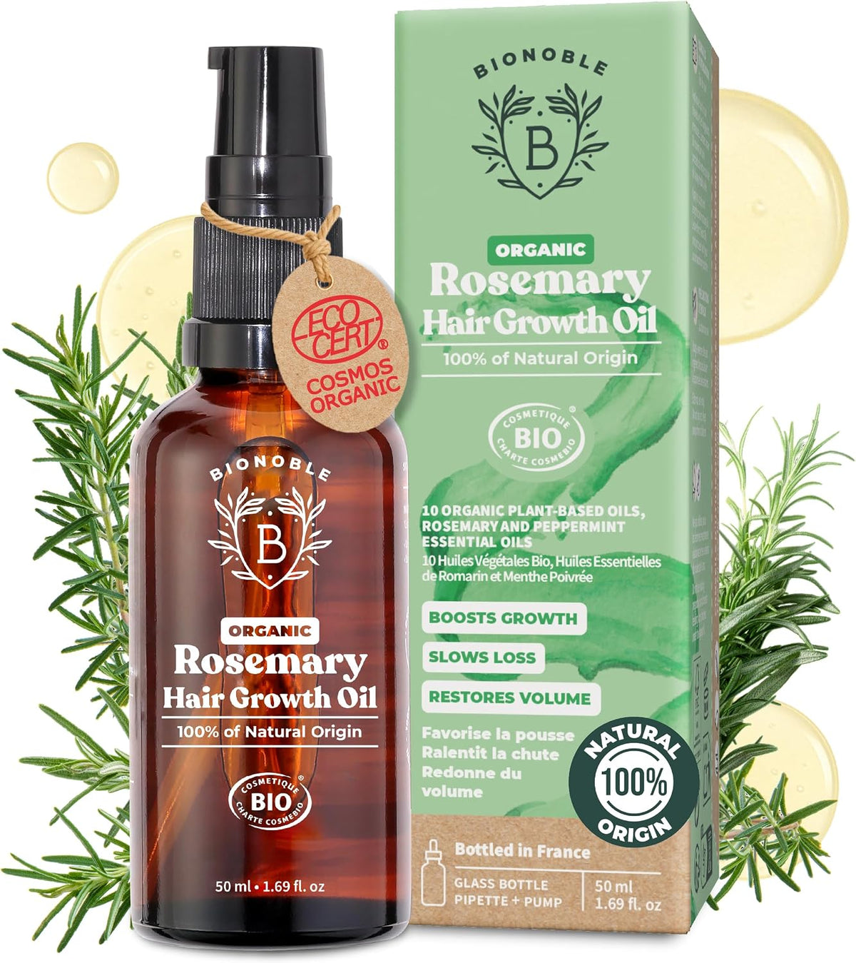 BIONOBLE Organic Rosemary Oil for Hair Growth - Hair Loss, Volume - 50ml