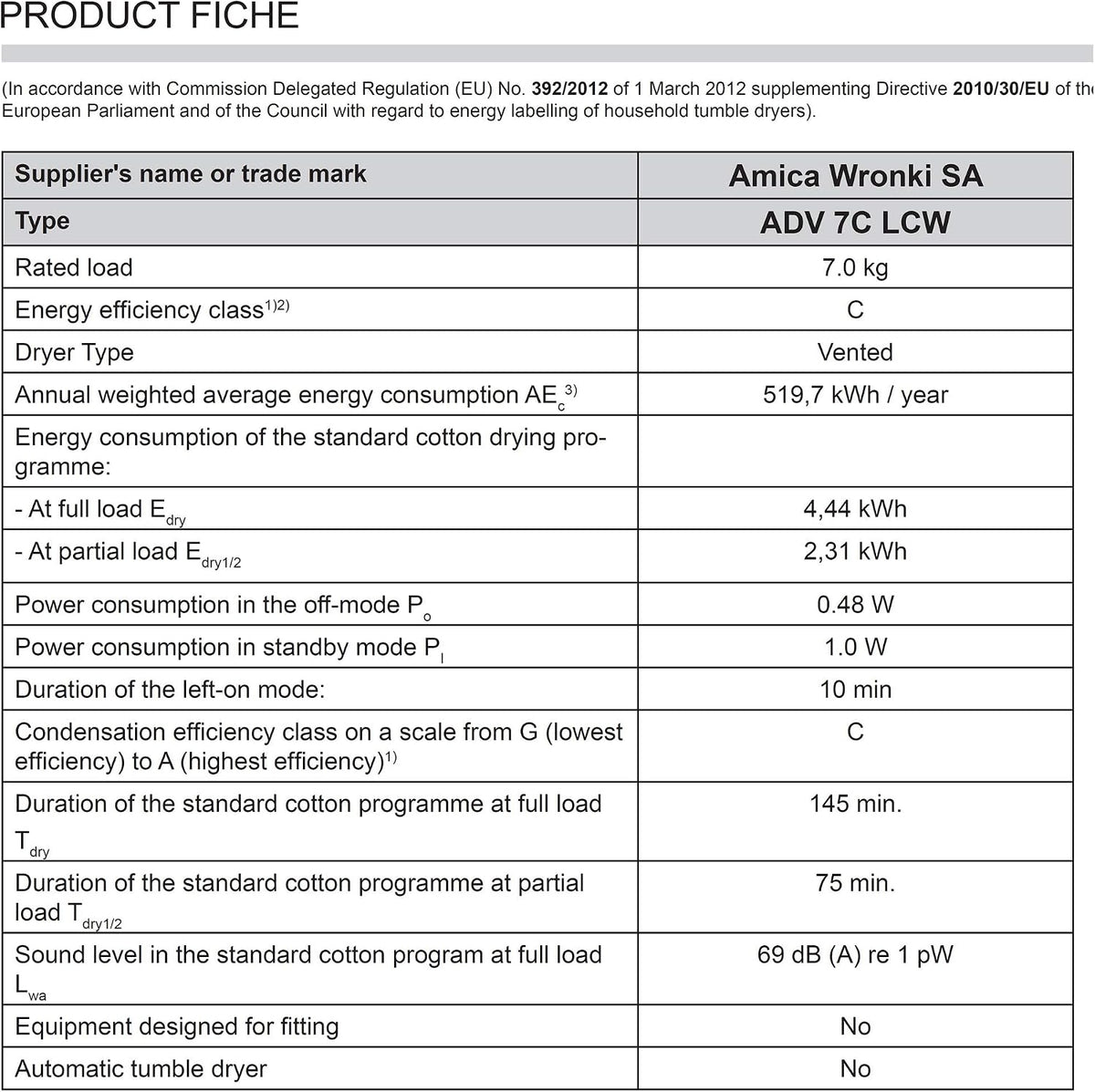 Amica ADV7CLCW Tumble Dryer Vented White Freestanding 7 Kilogram C Energy Rating 69dB Noise Level Digital Display Delay Start