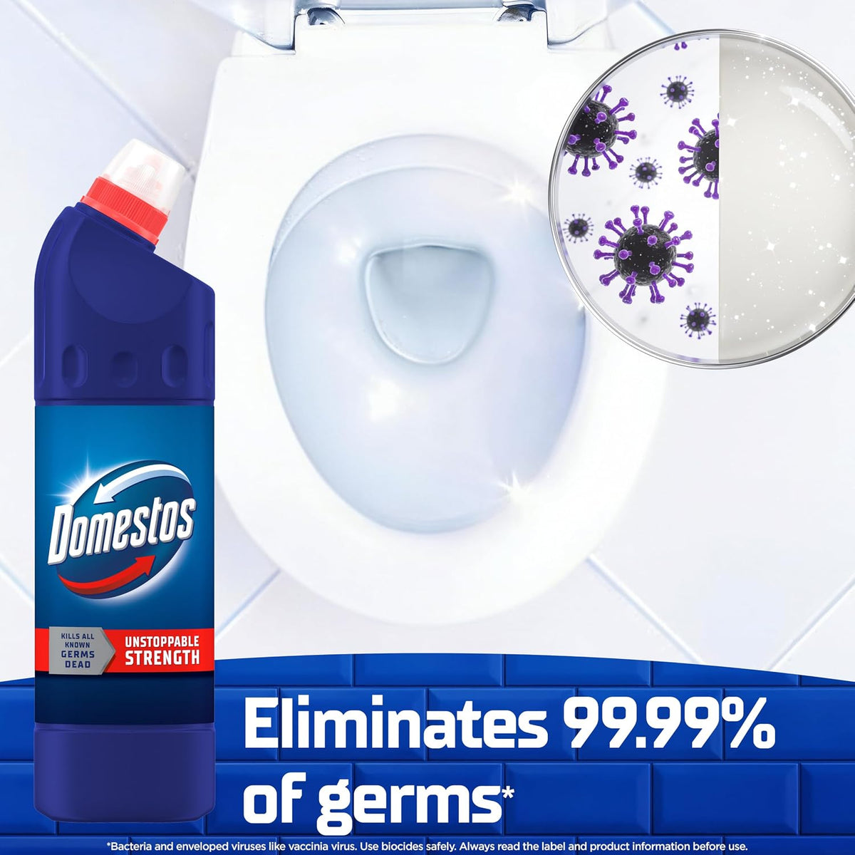 Domestos Original Thick Bleach disinfectant that eliminates 99.99% of bacteria and viruses* unstoppable strength 9x 750 ml
