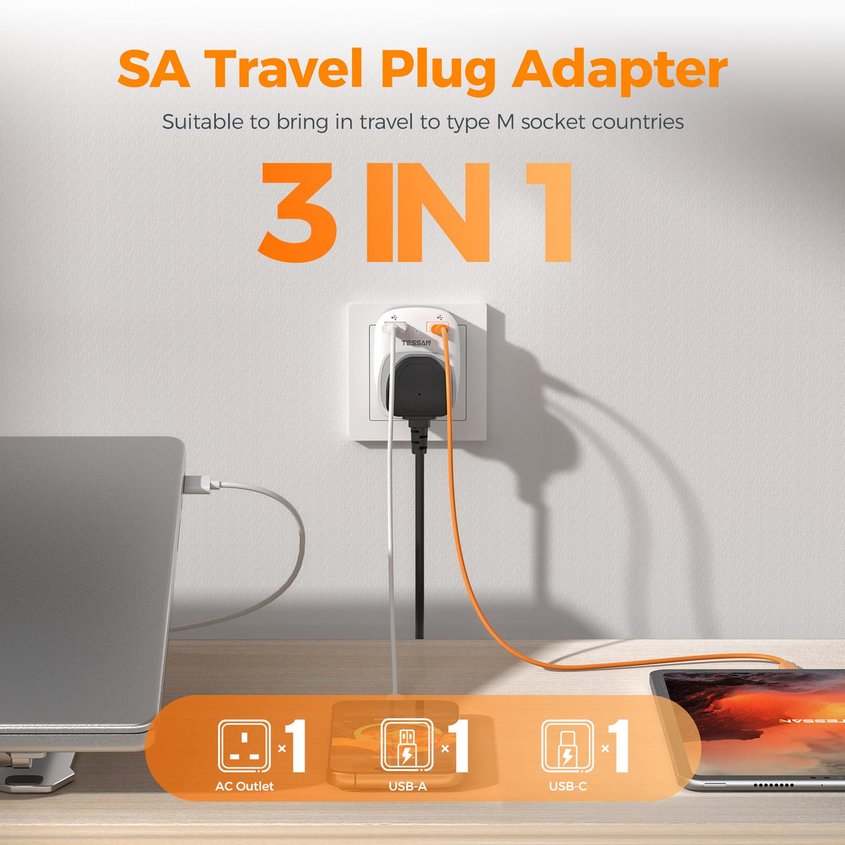 TESSAN UK to Australia Plug Adapter, Type I AU NZ Travel Adapter with USB C