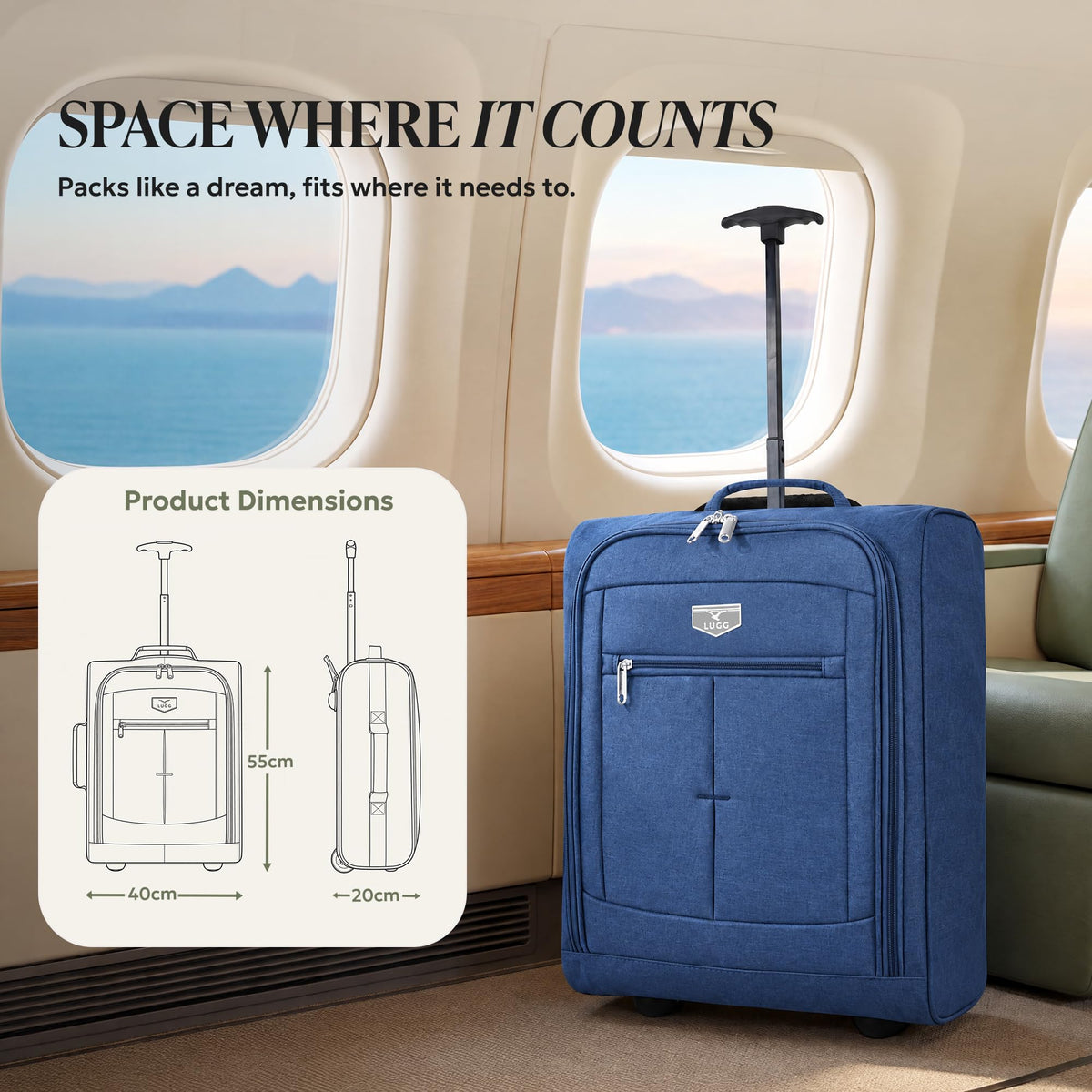 LUGG Lightweight Cabin Luggage, 600D Polyester, Solid Wheels, 45x36x20cm