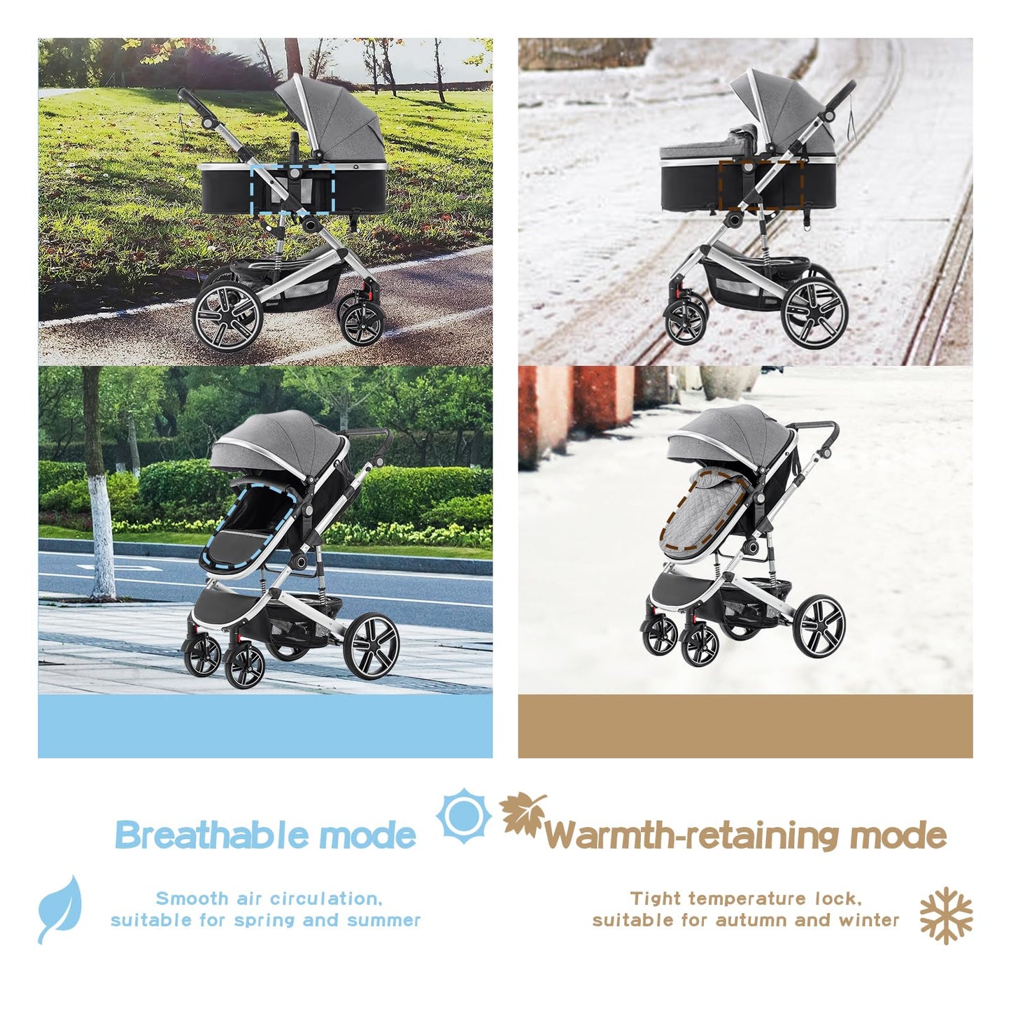 Baby Stroller 3 in 1,Travel Pushchair's Lie-Flat Pram is Foldable, Stroller System Handle is Adjustable, The Wheels are Made of PU Material, Suitable for 0-3 Years-Khaki
