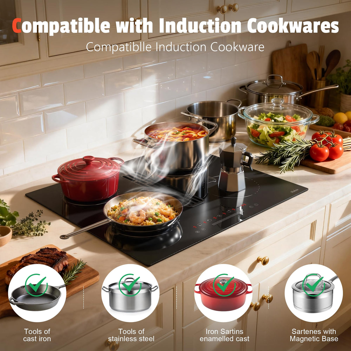 Hobsir Induction Hob with Flex Zone, Built-in Electric Hob 4 Burners 60 cm