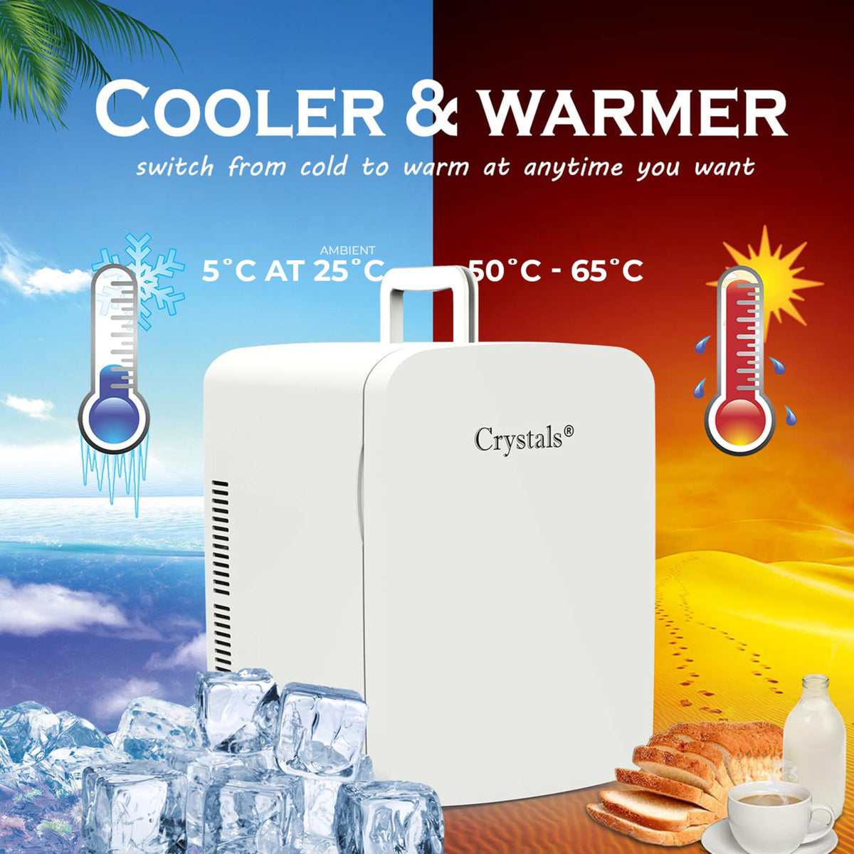 Crystals 4/10/15L Litre Mini Fridge, Table Top Small Fridge Cooler & Warmer for Car Bedrooms Desk Office, 12V DC - 220 AC, Mini Fridge for Bedrooms – Energy Efficient (Black, 4L Litre)