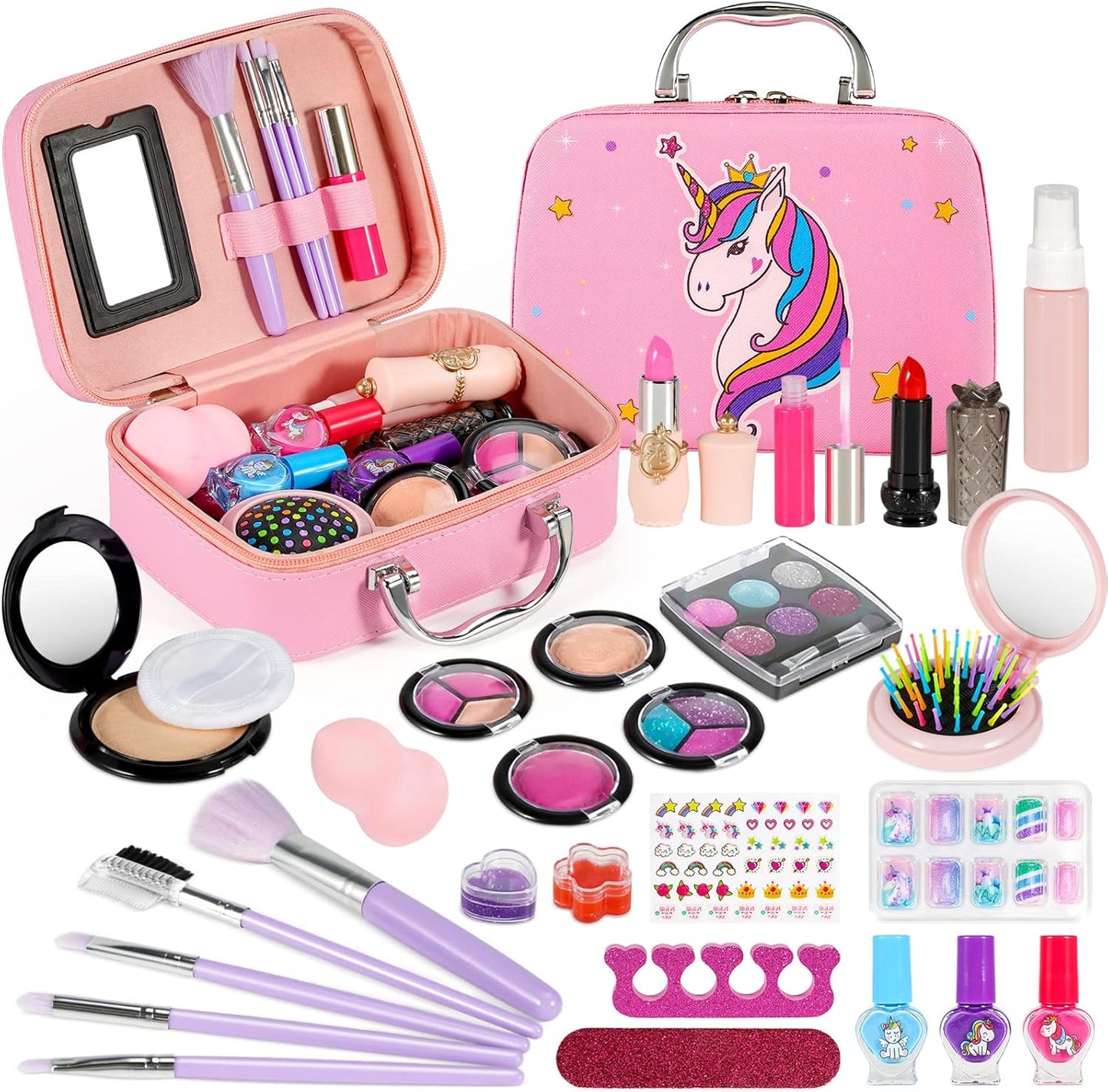 kizplays Makeup Toys for Girls, Kids Make up Kit Toy, 27 Pieces Real Washable Cosmetic Set, Play Makeup Set Gift for 3 4 5 6 7 Years Old