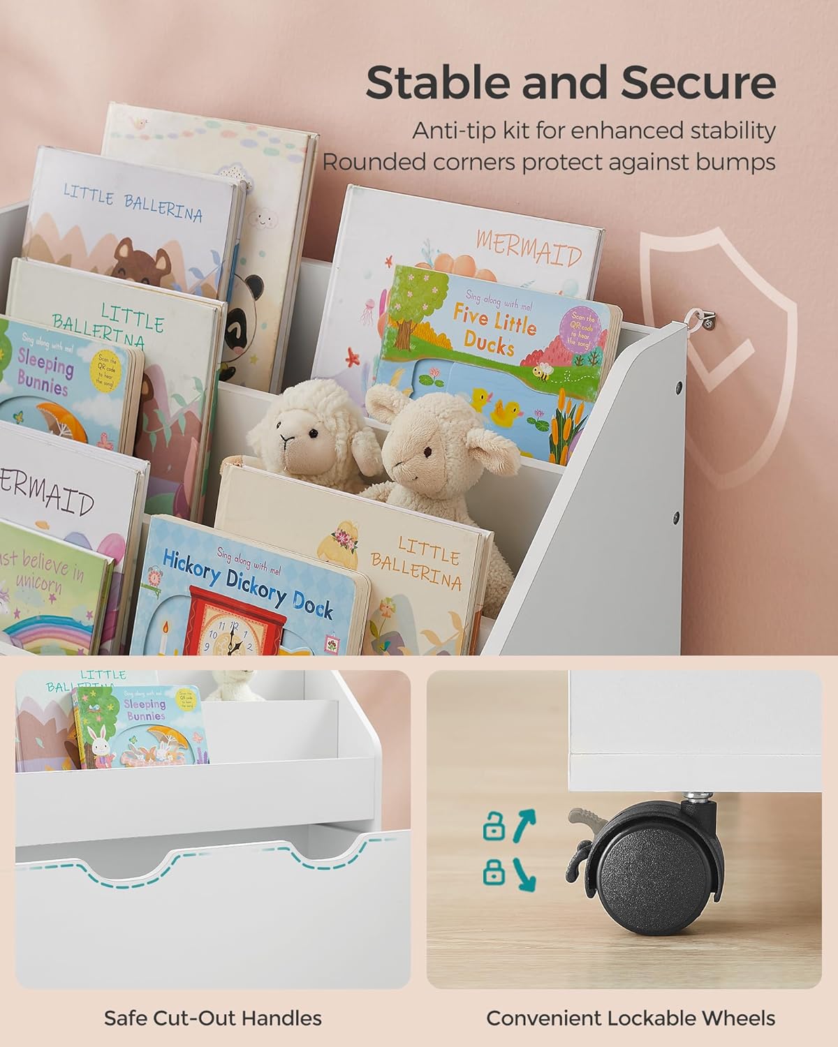 SONGMICS Kids Bookshelf and Toy Organiser, Toy Storage Chest and Bookcase with 3 Shelves, Storage Box with Wheels, Multipurpose, for Children's Room and Playroom, Cloud White GKR041W10