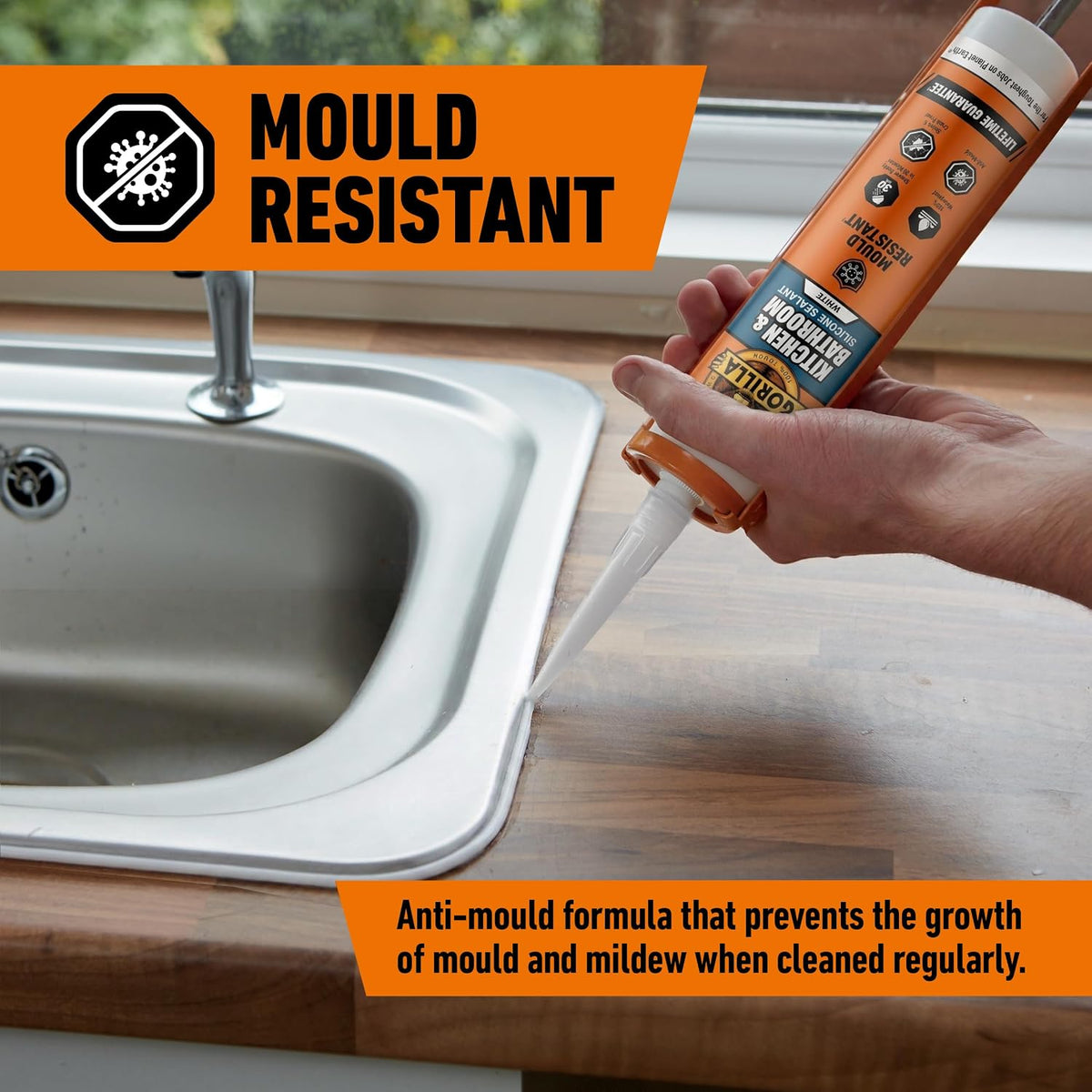 Gorilla Kitchen & Bathroom White Silicone Sealant, 295ml – Mould Resistant, 100% Waterproof Sealant, Shower Ready in 30 Minutes, Shrink & Crack Proof | Use on Showers, Baths, Sinks, Toilets & More