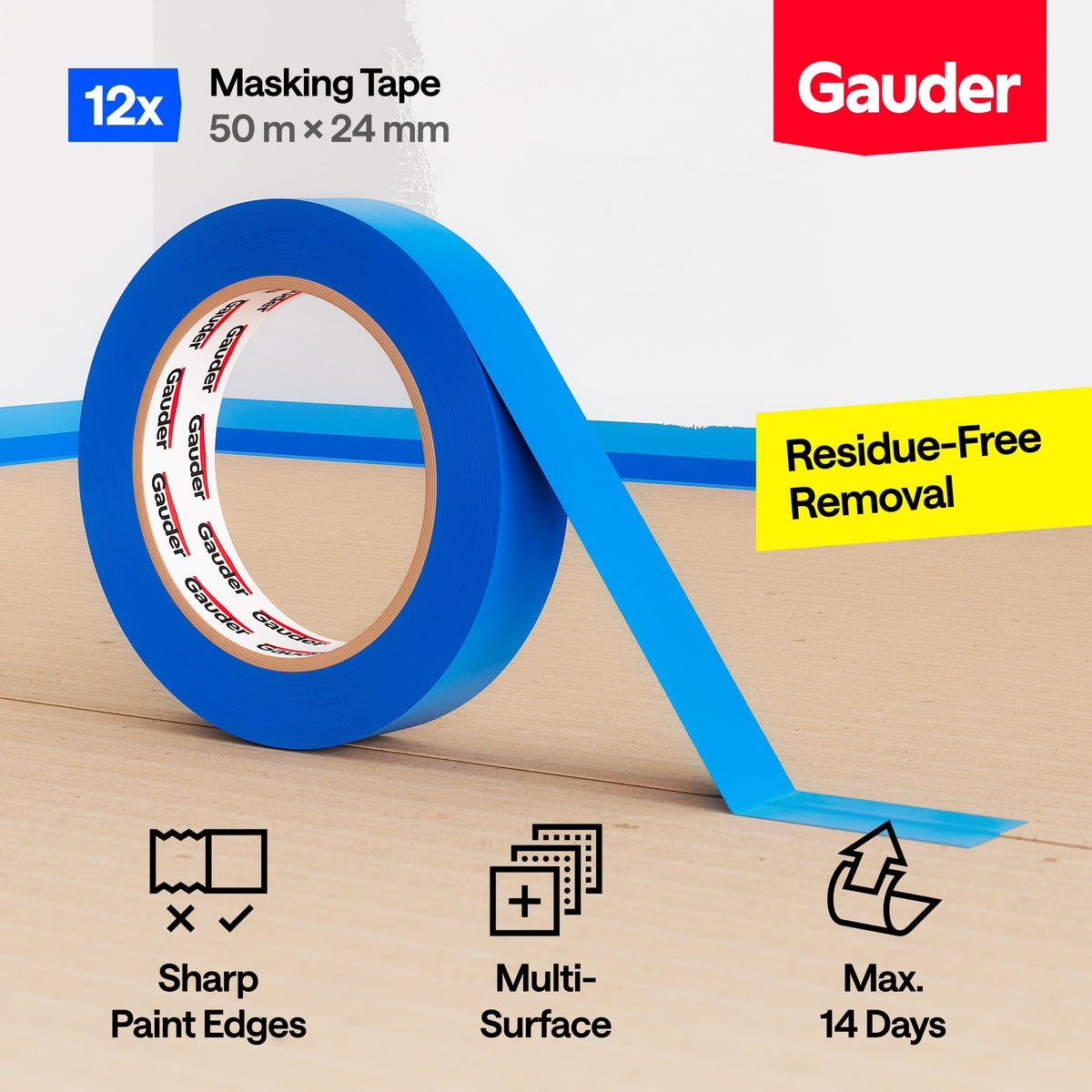 GAUDER Masking Tape for Painting, Blue Painters Tape (1 pc, 24 mm x 50 m)