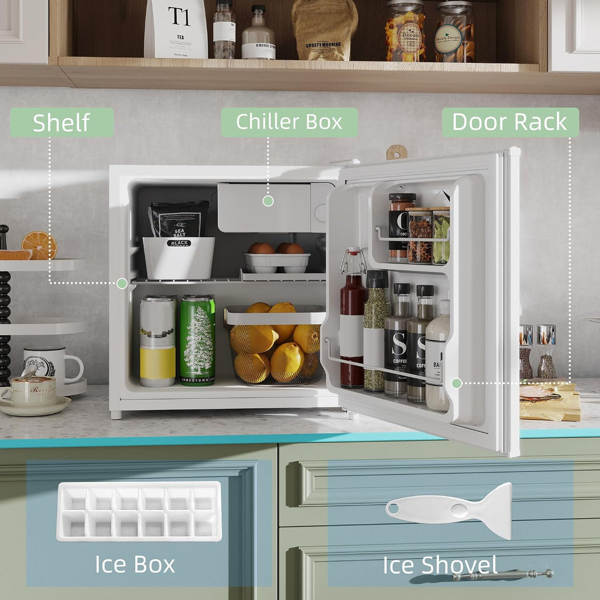 HOMCOM 46L Table Top Mini Fridge with Ice Box, Reversible Door, Cream