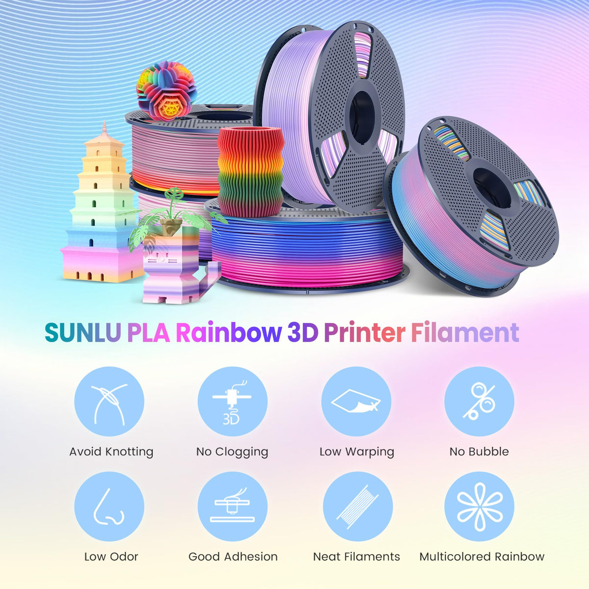 SUNLU 4KG Silk 2.0 PLA Filament 1.75, Gold+Silver+Titanium Steel+Copper Red