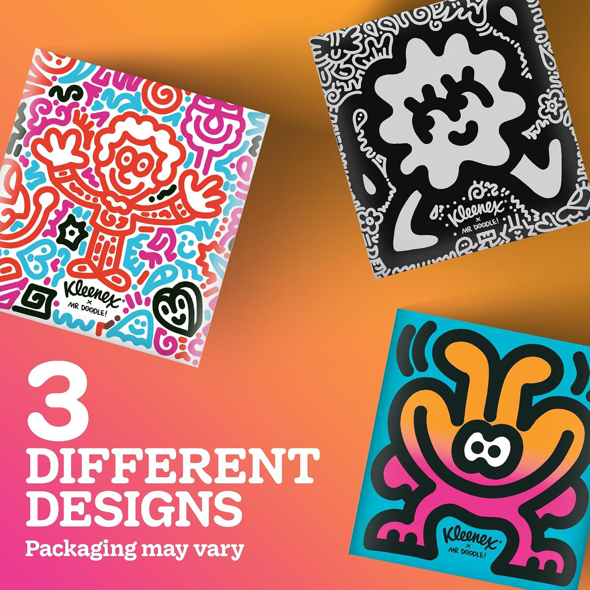 Kleenex x Mr Doodle Limited Edition Design Multipack Facial Tissues - 12 Cube Tissue Boxes, Designed in Collaboration with Mr Doodle, Made To Look Beautiful in The Home.