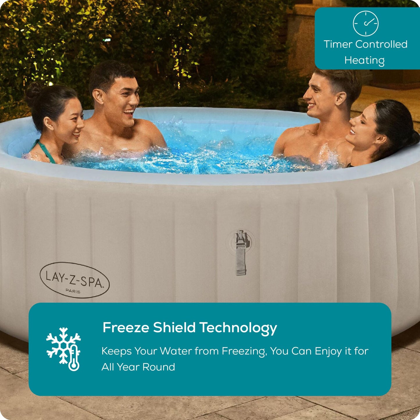 Lay-Z-Spa Paris Luxe AirJet Inflatable Hot Tub with 140 AirJets, LED Lighting System, FreezeShield, Energy-Saving Timer & Ultra-Durable TriTech Construction, Fits Up to 6 People
