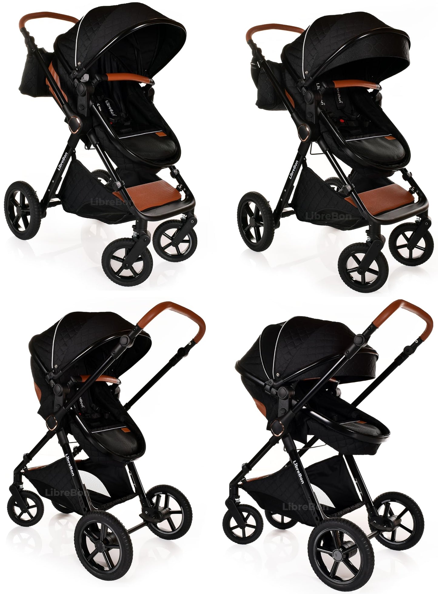 Baby Buggy Pram Pushchair Stroller 3 in 1 Child Lightweight Folding Stroller 3 in 1 Travel System Pram for Newborns & Toddlers from Birth Aluminum (Beige - Rose Gold Frame)