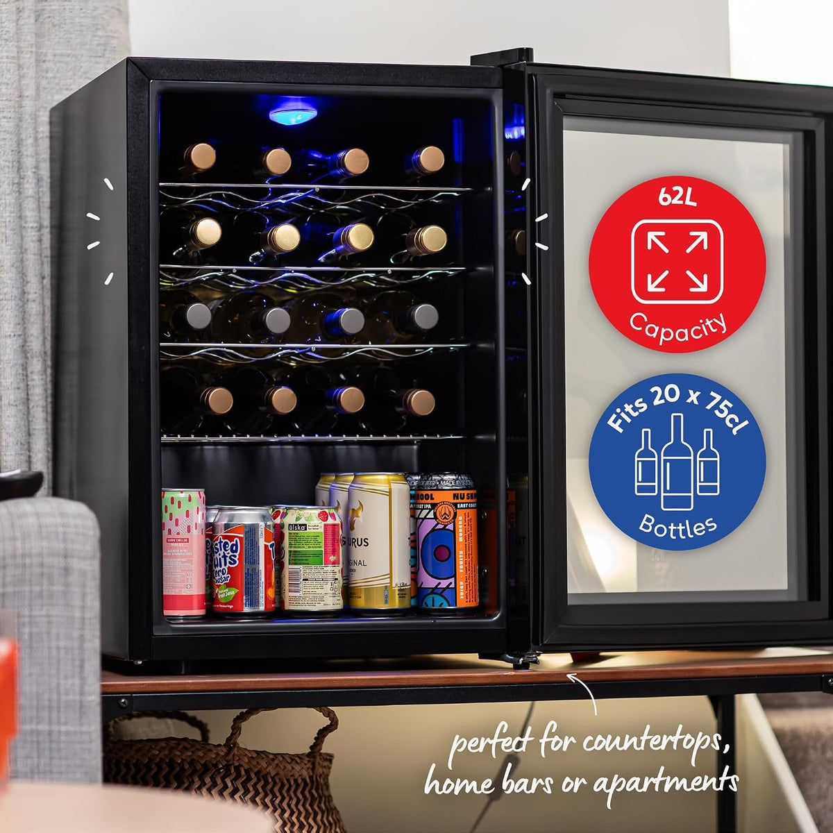 Russell Hobbs 20 Bottle 62L Mirrored Door Wine Cooler Freestanding Beverage Drinks Fridge, LED Light with Touch Control, Digital Display, Adjustable Shelves, Glass Door RH20WC201MR