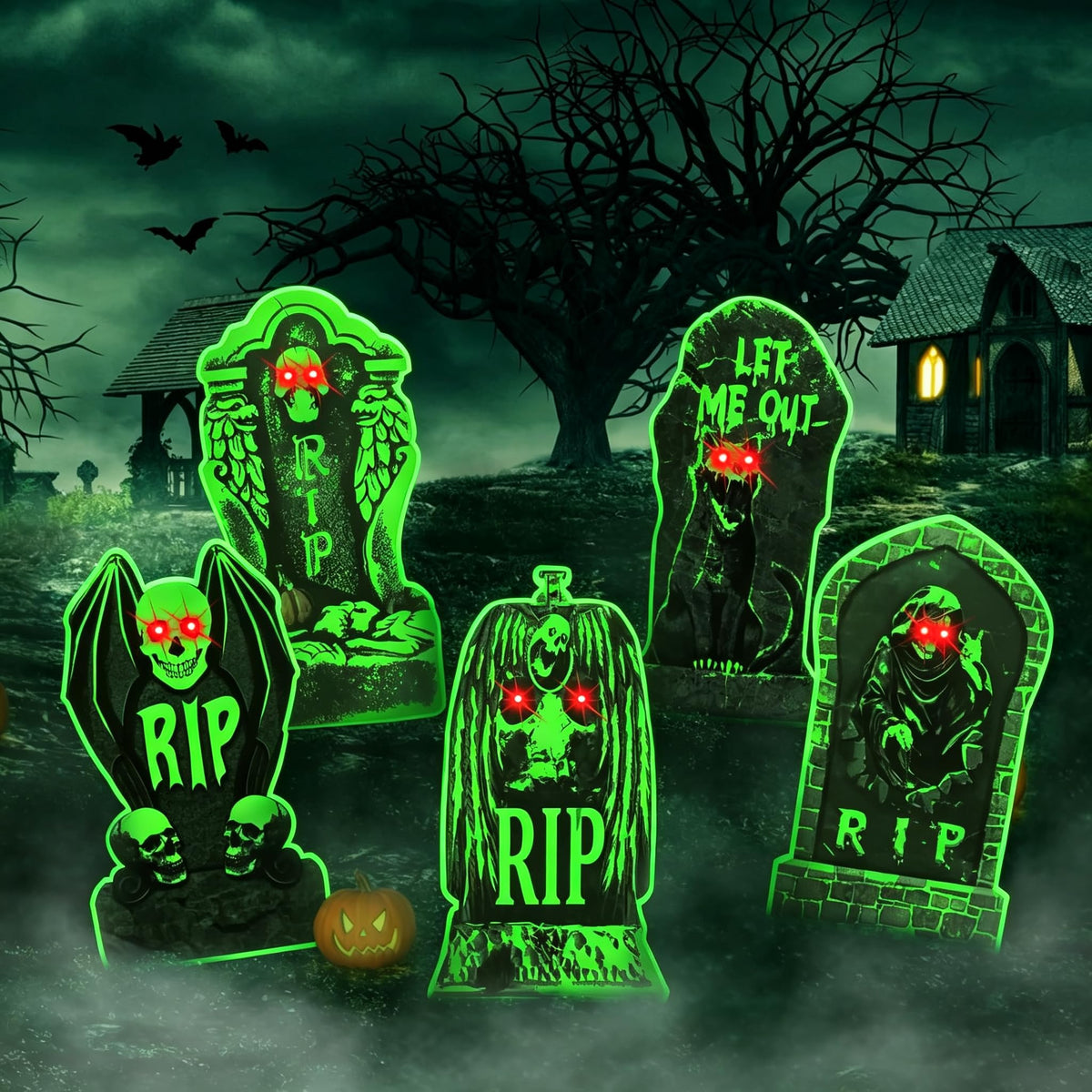 10 Pack Halloween Yard Signs, Fluorescent Skeleton Hands and Tombstones