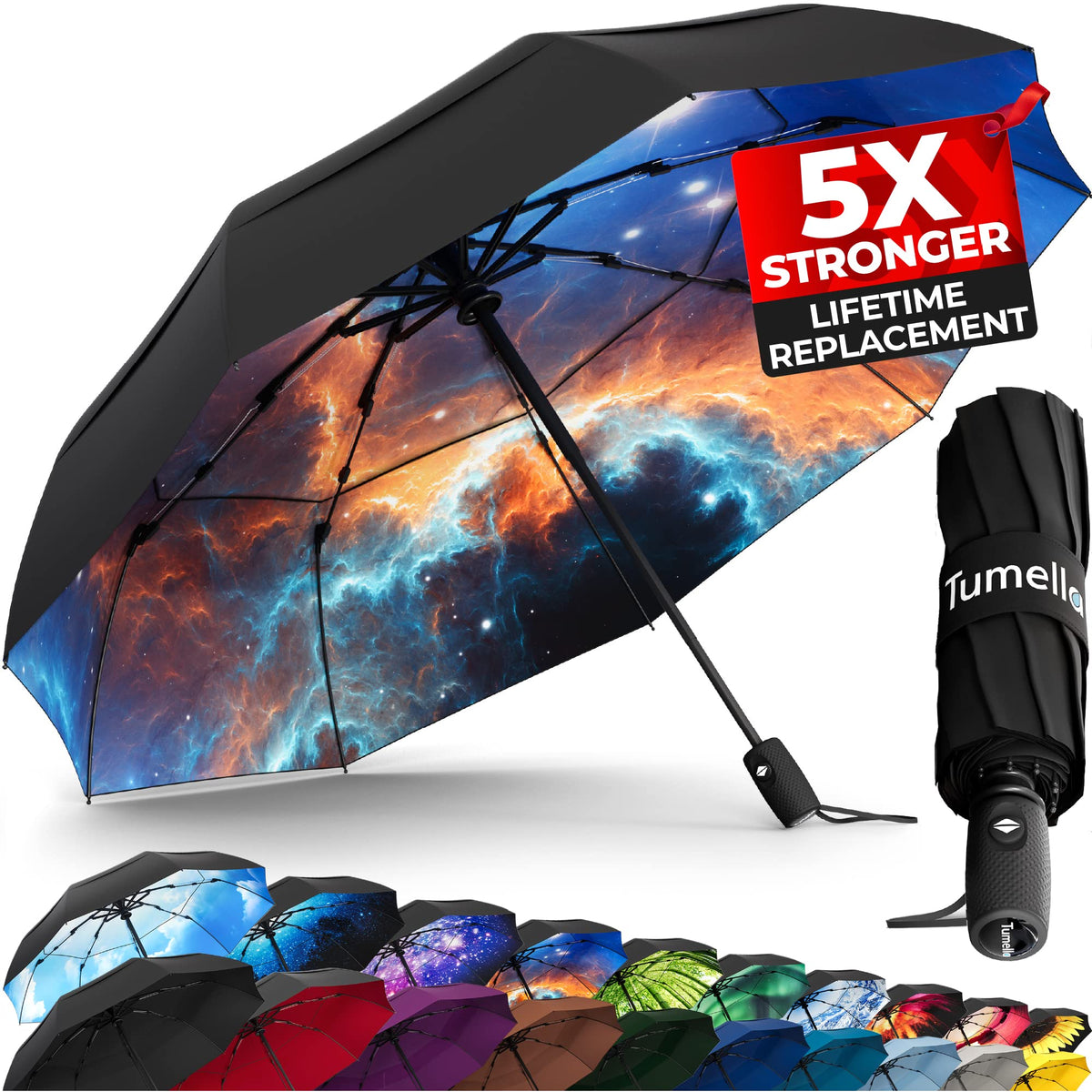 TUMELLA Strongest Windproof Travel Umbrella (Compact, 100MPH Wind-Tested)