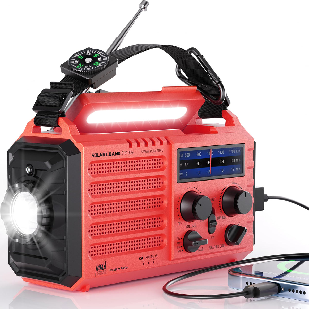 Mesqool Wind Up Radio Solar Powered, 5000mAh Emergency Hand Crank AM FM Radio with Flashlight, Reading Lamp, USB Phone Charger, SOS Alarm and Compass