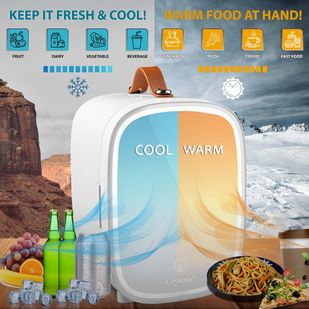 Crystals 4/10/15L Litre Mini Fridge, Table Top Small Fridge Cooler & Warmer for Car Bedrooms Desk Office, 12V DC - 220 AC, Mini Fridge for Bedrooms – Energy Efficient (Black, 4L Litre)
