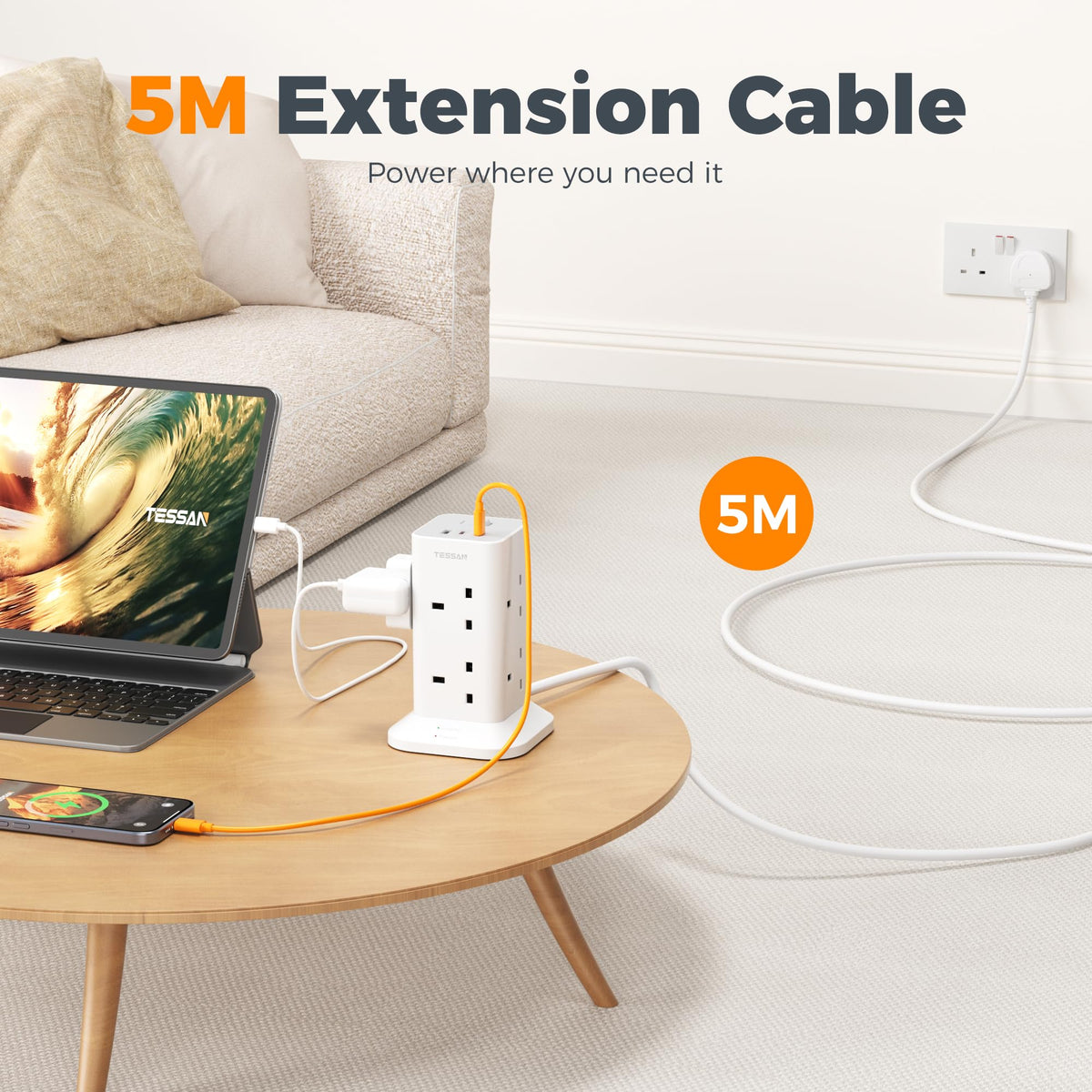 TESSAN Tower Extension Lead with USB C Slots