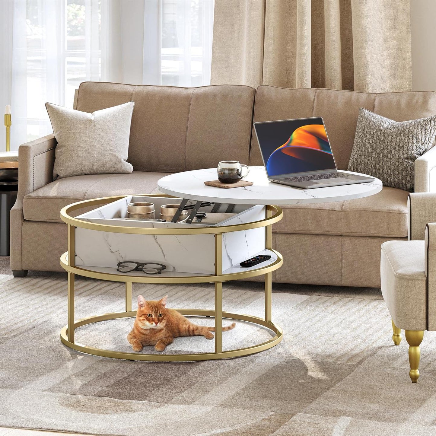 YITAHOME Coffee Table with Lift Top, lift up Coffee Table Round with Hidden Storage Compartment, 60x60x47cm