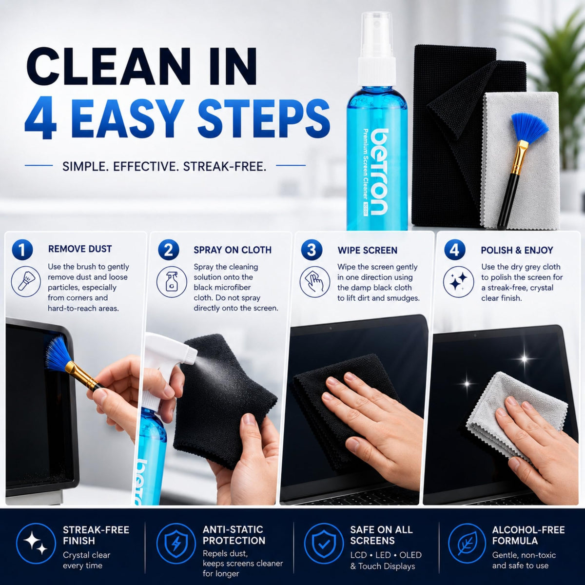 Betron Screen Cleaner Spray Kit with Cloth for TV, Laptop, Monitor, 200ml