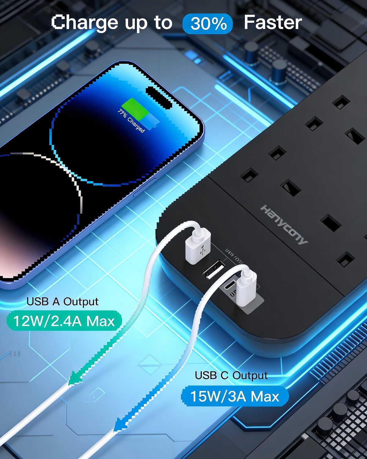 Extension Lead with 2 USB C Slots, 8 Way Power Strip Surge Protector