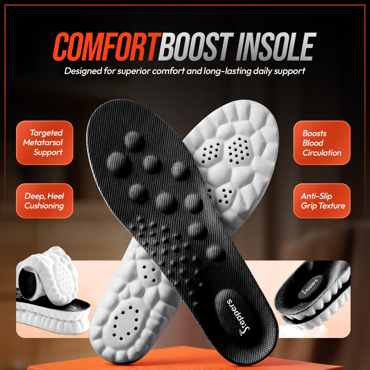 Original Steppers Insoles, 2026 4D Steppers Comfort Boosting Massage Insole, Memory Foam Thermal Insoles, Comfy Insole with Arch Support for Men and Women (Black, Small (EU 39-40))