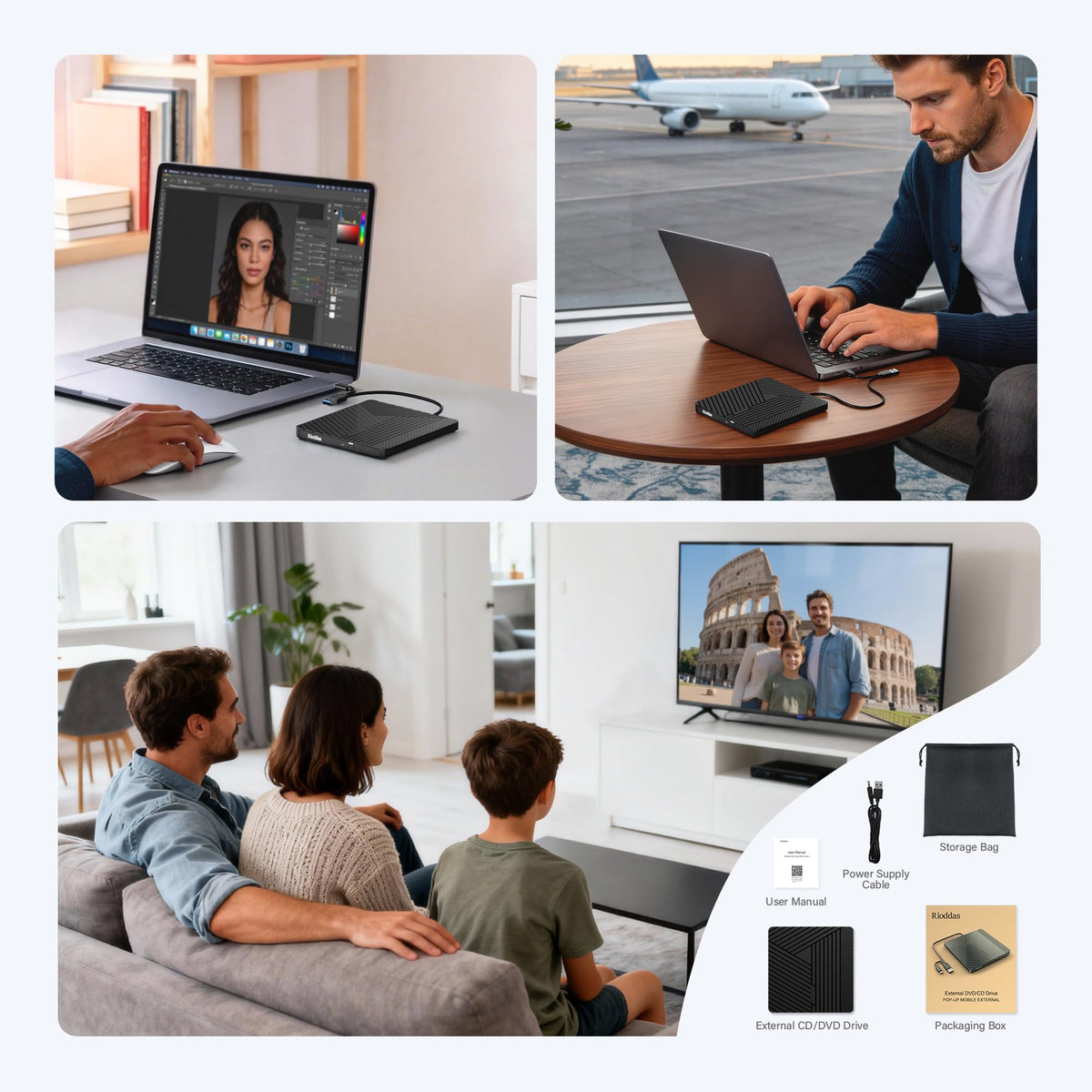 Rioddas External CD Drive, USB 3.0 Portable CD/DVD +/-RW Drive Slim DVD/CD ROM Rewriter Burner for Laptop Desktop PC Windows and Linux OS Apple Mac Macbook Pro