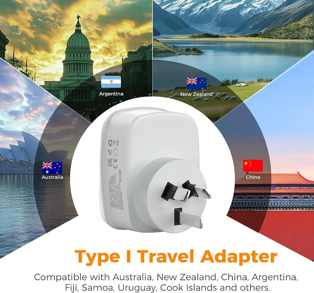 TESSAN UK to Australia Plug Adapter, Type I AU NZ Travel Adapter with USB C