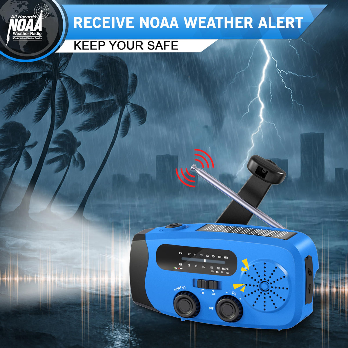 Wind Up Solar Radio, 7400mWh (2000mAh) Solar Powered Radio Emergency Hand Crank Radio with 3 Built-in Cables, Battery Operated, SOS Alarm & Flashlight, Emergency wind up torch for Hurricane, Emergency