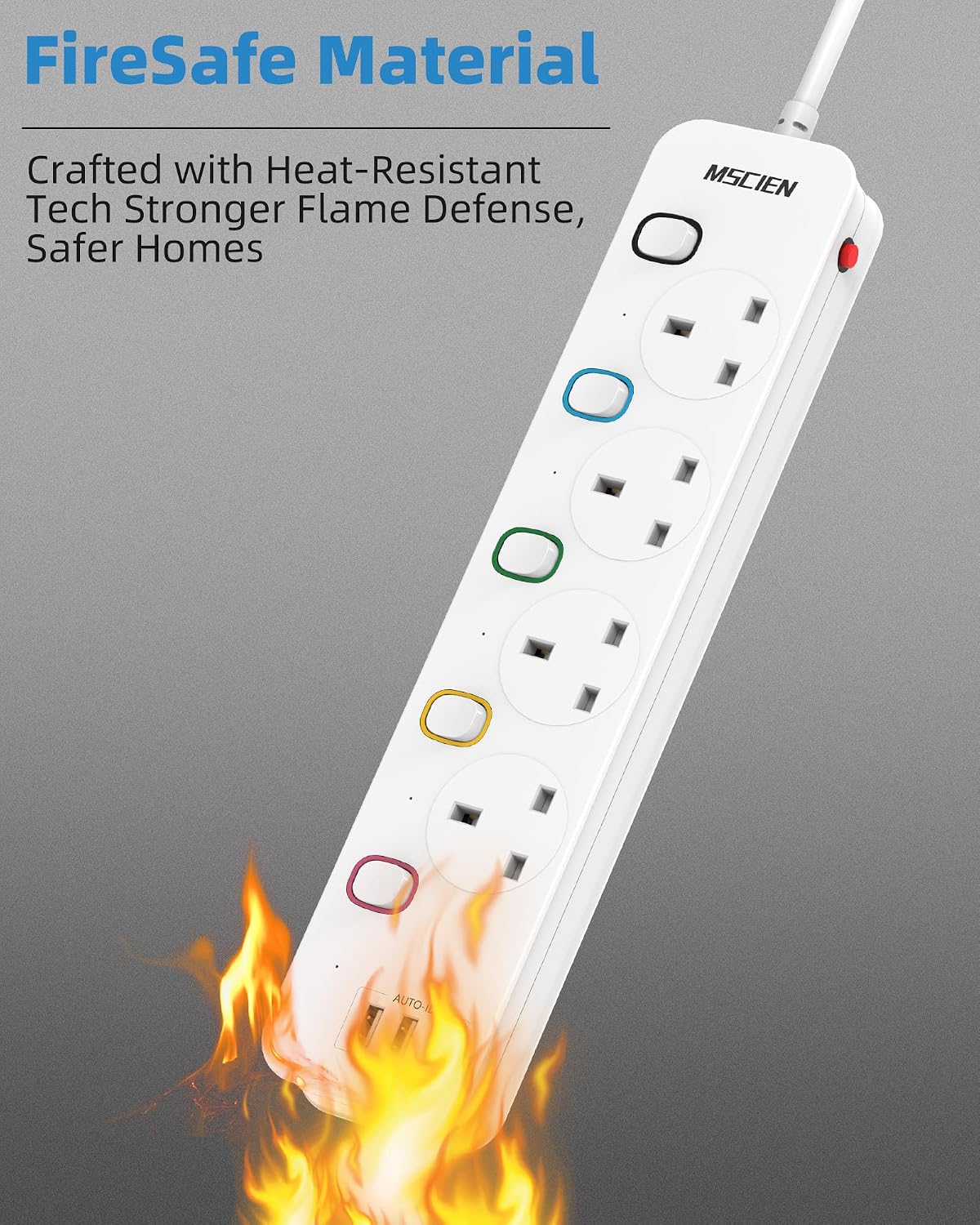 Mscien Extension Lead 1M with USB Slots 4 Way Wall Mounted, 1M Extension Lead Switched with Multiple Protection, Fused Power Strip 4 Sockets White, 13A/3250W