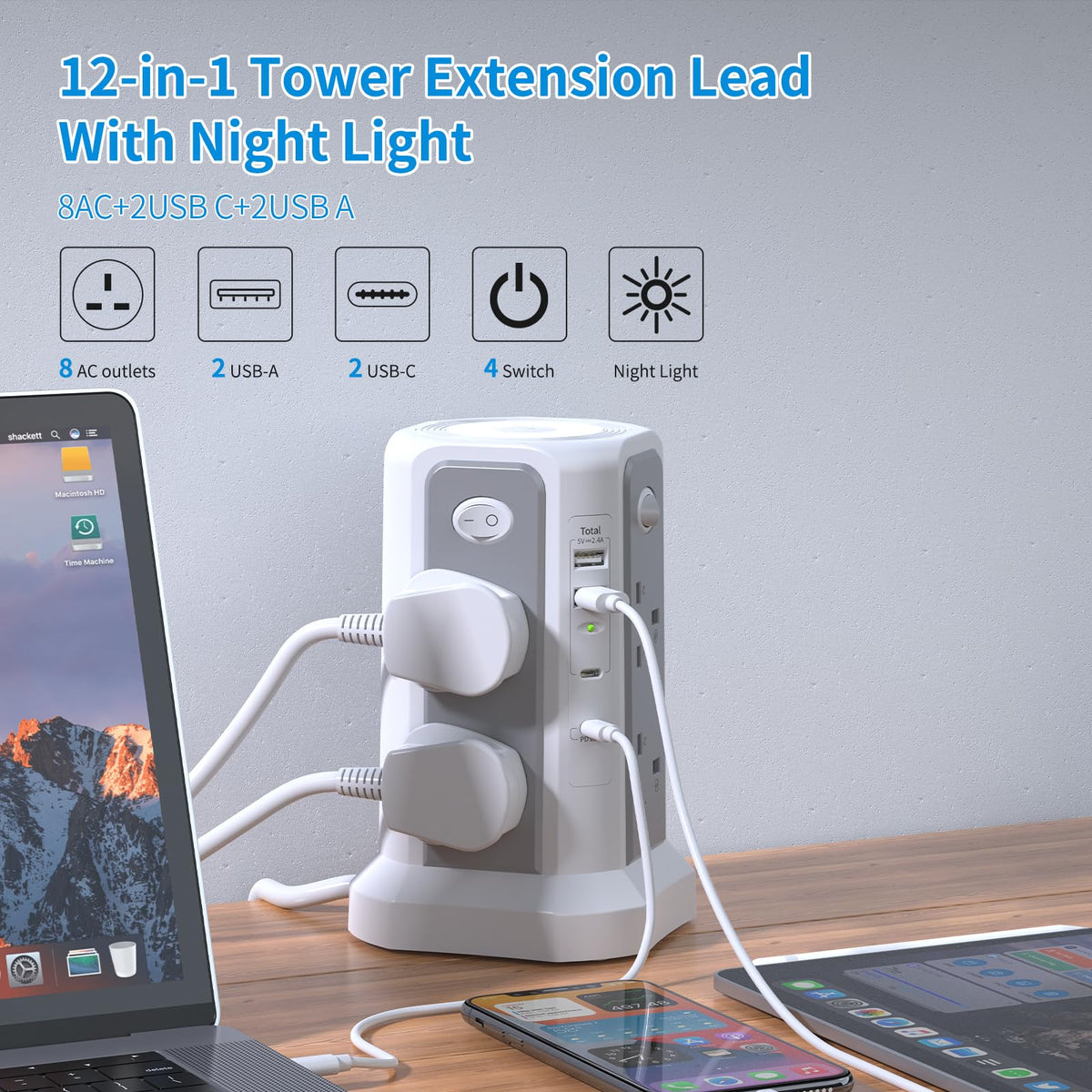 HAFINO Tower Extension Lead 3M with USB Slots and Night Light, 4 Switches