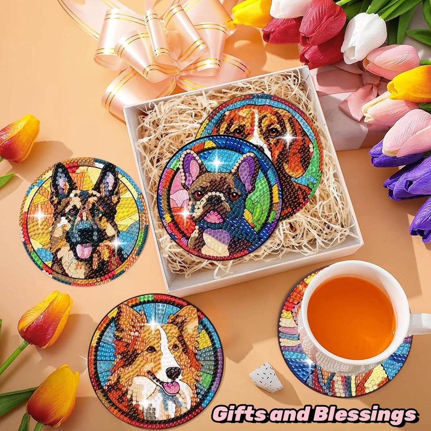 8 Pcs Flowers Diamond Art Coasters Kits for Adults Begainners,Full Drill Diamond Painting Coasters Kit with Holder,DIY Gem Painting Craft Kits for Adults Supplies Gift (Flowers).