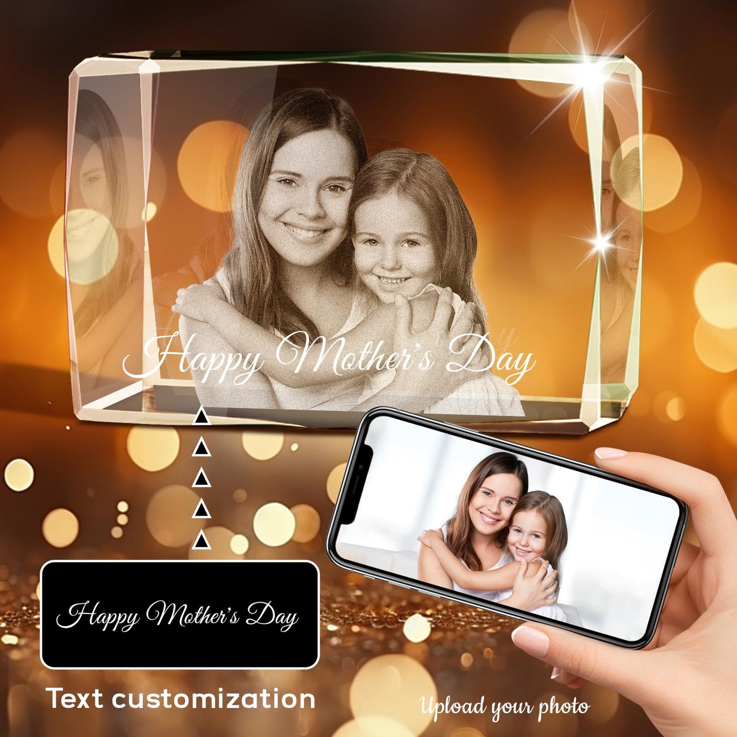 Personalised 3D Crystal Photo Gift, Custom Gifts with 3D Laser Etched, Engraved Inside the Crystal Using Your Photo Customized Memorial Custom Mother’s Day Picture Gift (Cuboid)
