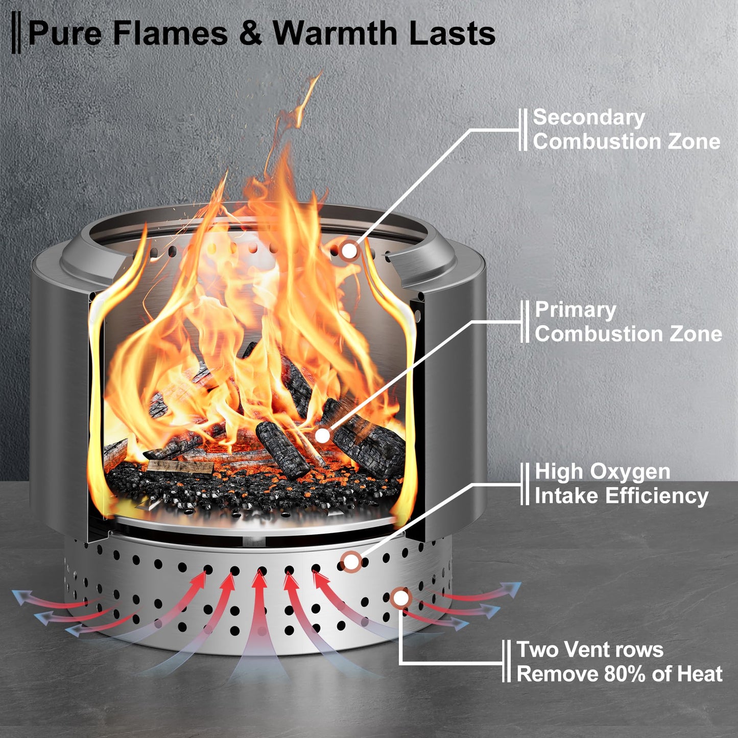 Smokeless Fire Pit with Removable Ash Pan, Fire Pits for Garden Wood Burning, Portable Camping Firepit, for Backyard Patio, Stainless Steel, Waterproof Bag & Poker Included, 50 x 38cm, Silver