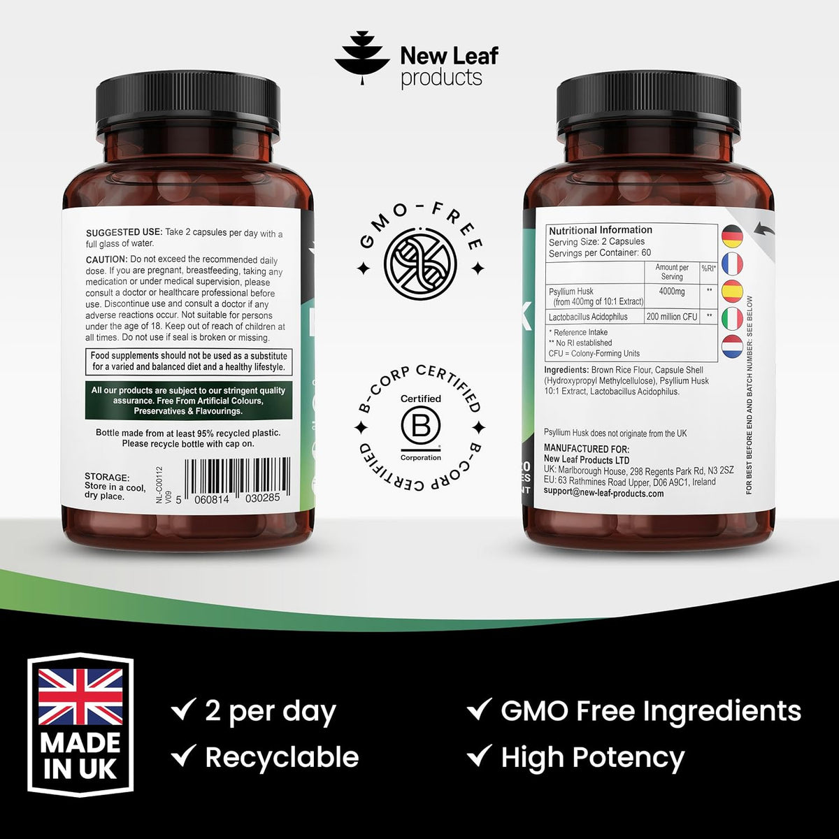 New Leaf Psyllium Husk 4000mg Fibre Supplement 120 Capsules