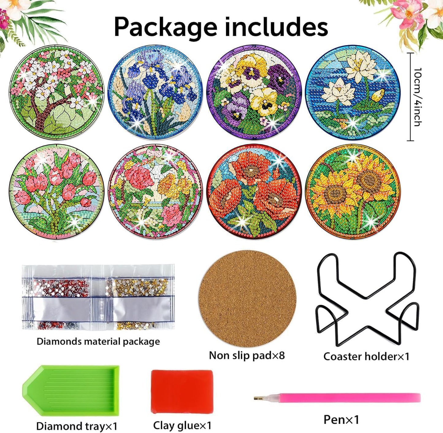 8 Pcs Flowers Diamond Art Coasters Kits for Adults Begainners,Full Drill Diamond Painting Coasters Kit with Holder,DIY Gem Painting Craft Kits for Adults Supplies Gift (Flowers).