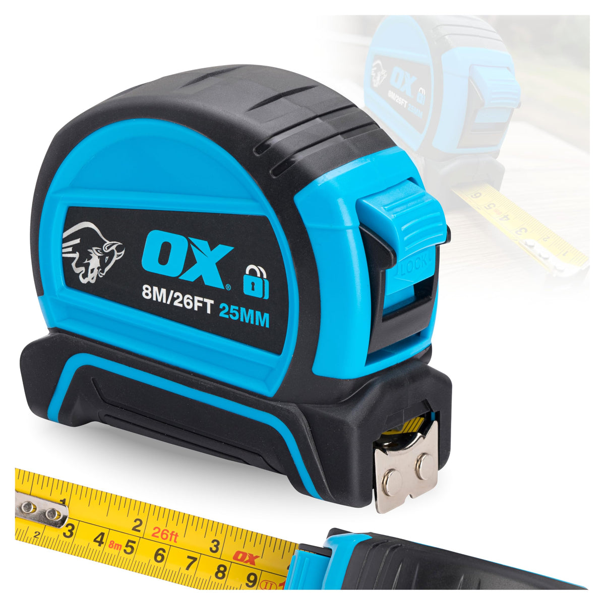 OX Pro Dual Auto Lock Tape Measure Twinpack - 8m, Magnetic End Hook