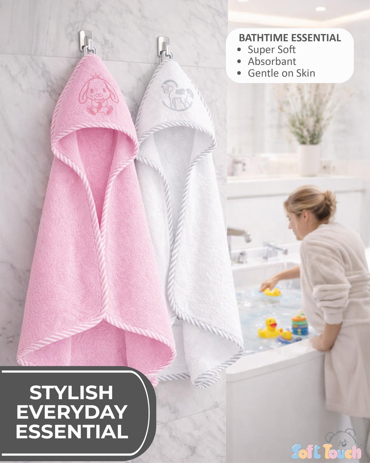 Soft Touch Newborn Essentials 100% Cotton Embroidered Hooded Baby Towel 70 x 70cm for Baby Boys and Girls 0-24 Months (2-Packs)