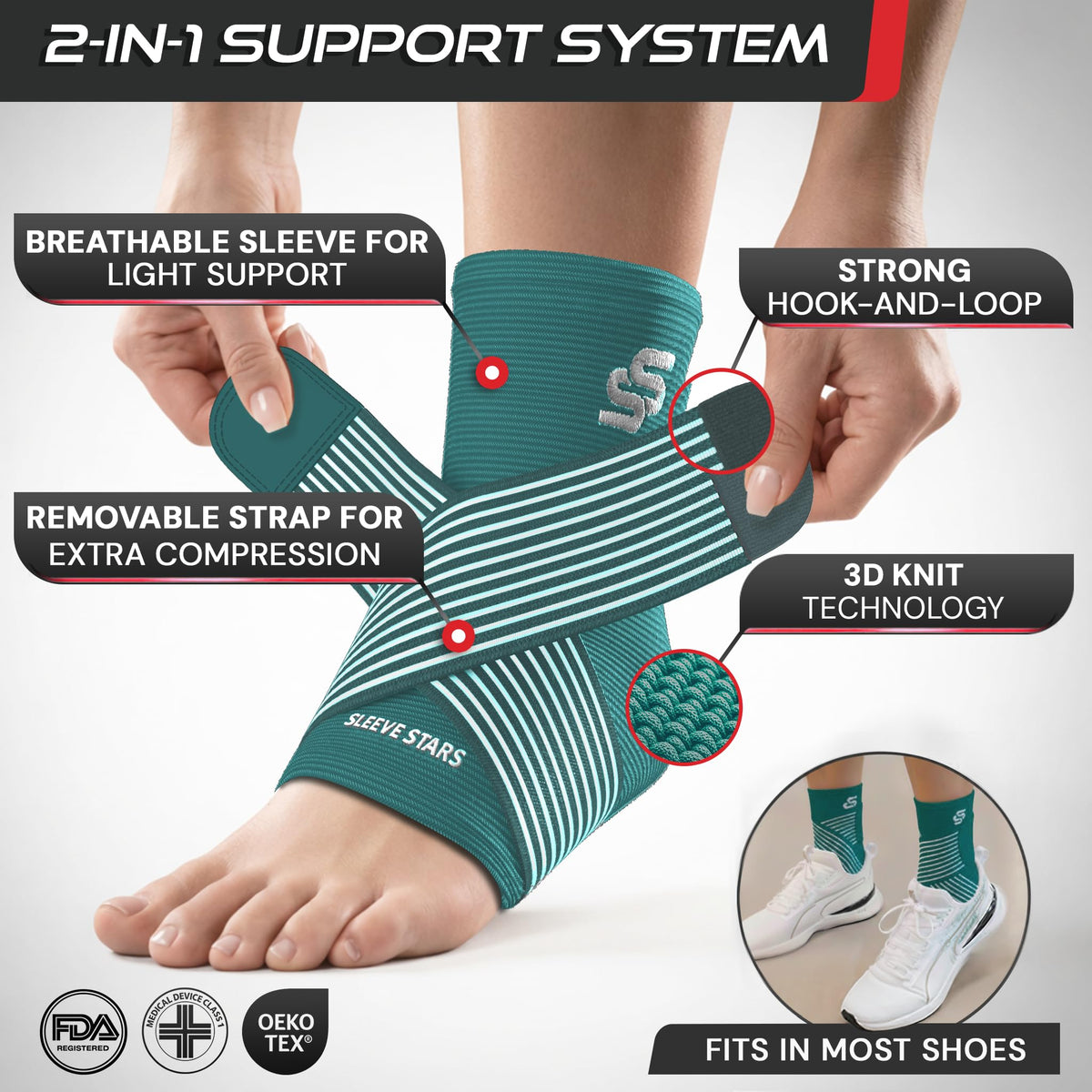 Sleeve Stars Ankle Brace Men & Women Support (Single/L:12"-13"/Black)