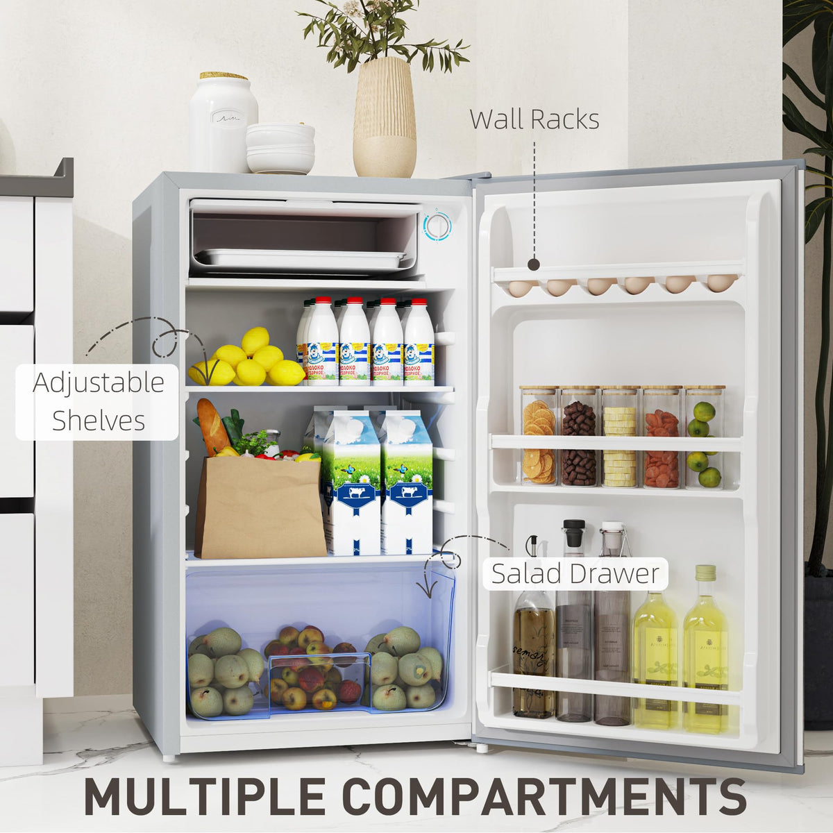 HOMCOM Under Counter Fridge 91L Small Fridge with Chiller Box Silver Tone