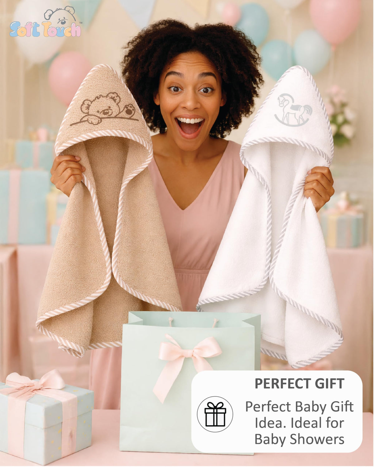 Soft Touch Newborn Essentials 100% Cotton Embroidered Hooded Baby Towel 70 x 70cm for Baby Boys and Girls 0-24 Months (2-Packs)