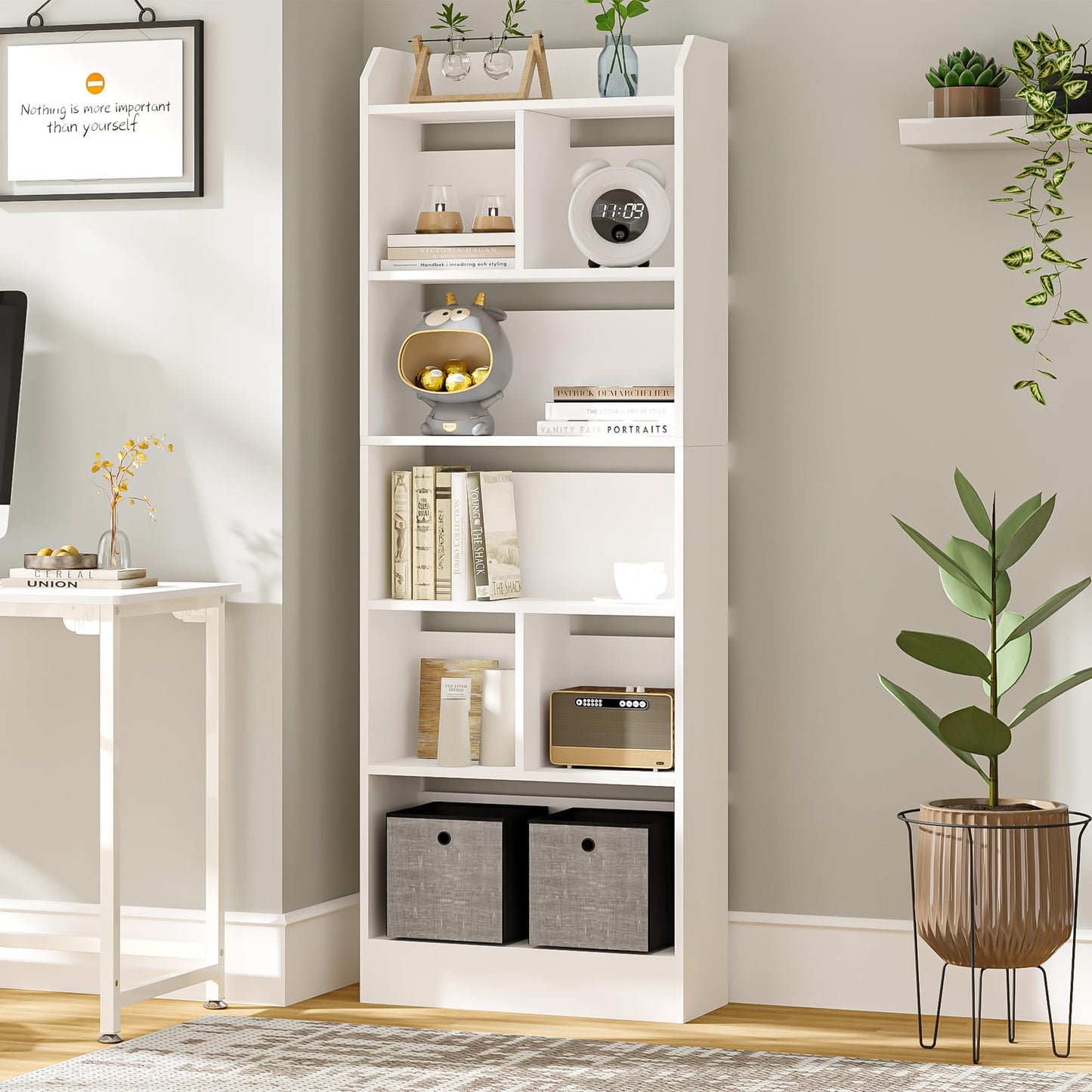 Hzuaneri 6-Tier Bookcase, Bookshelf with 8 Adjustable Storage Shelf Unit, White Bookcase for Living Room, Home Office, Bedroom, Study, 24 x 60 x 199 cm, White, BC11703X