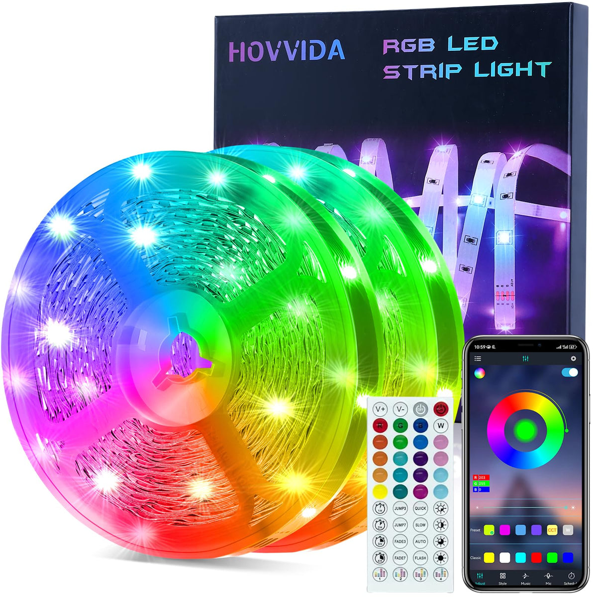 HOVVIDA LED Strip Lights 10M, 1x10M, 30 LEDs/Meter, 24V RGB LED Strip Light, 300 LEDs, APP and Remote Control, Music Mode, Timer Mode, LED for Bedroom, Living Room, Kitchen, Party