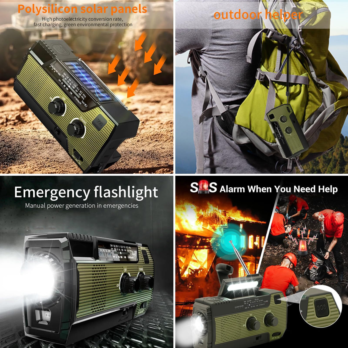 SOLARBABY Wind Up Solar Radio, Emergency Hand Crank Self Powered AM/FM Survival Solar Weather Radio with LED Flashlight,SOS Alarm,2000mAh Emergency Power Bank for Smart Phone (M-Orange)